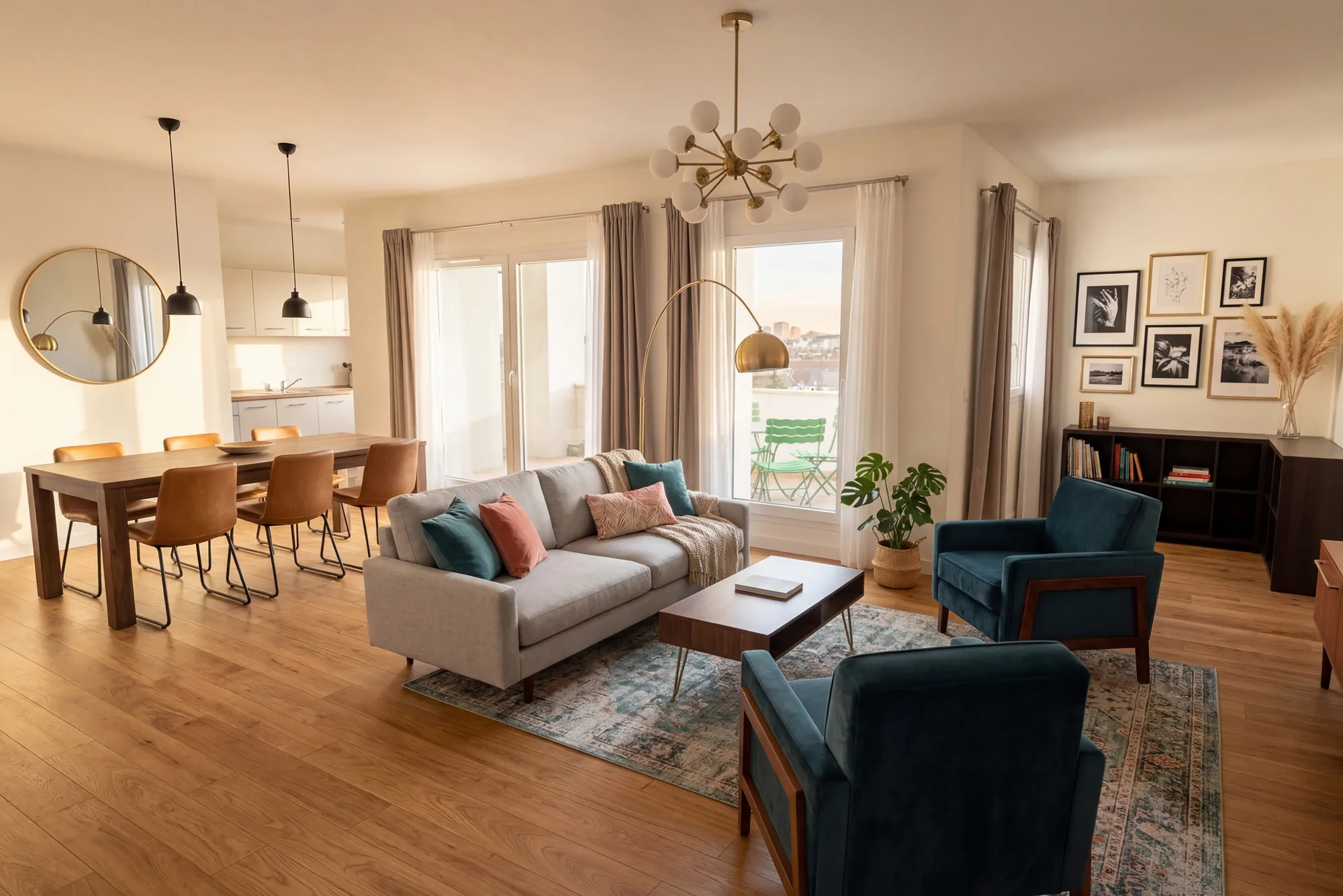 Salone con zona pranzo, render
