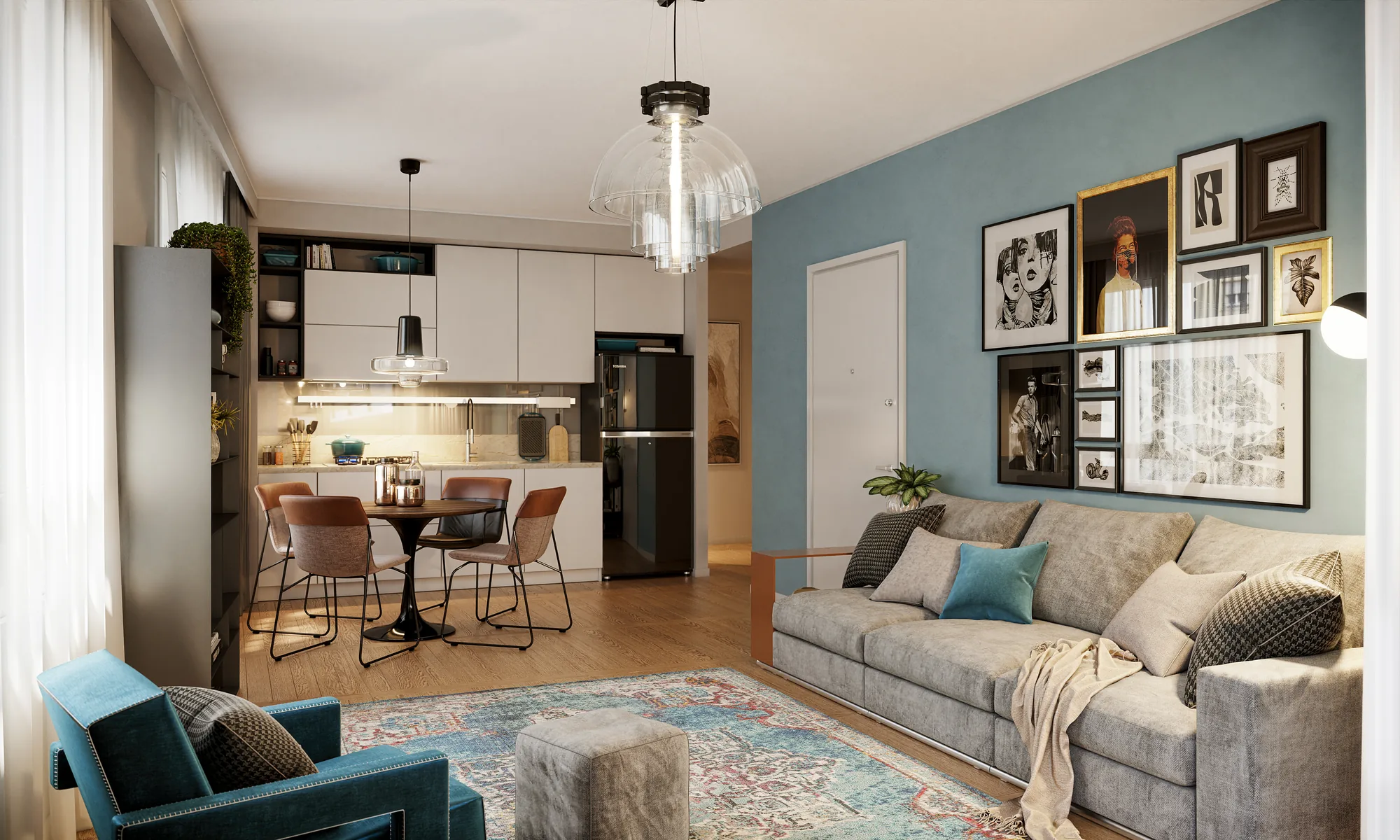 Soggiorno con cucina a vista, render