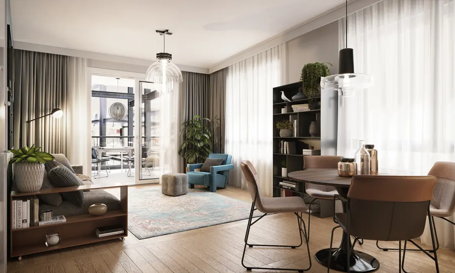 Soggiorno con zona pranzo, render